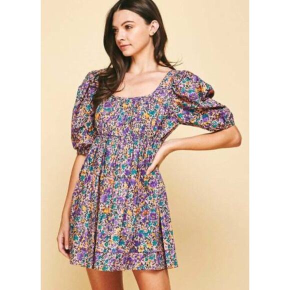 Pinch Floral Smocked Puff Sleeve Mini Dress Preppy Cottage Womens Size Large - Picture 1 of 7